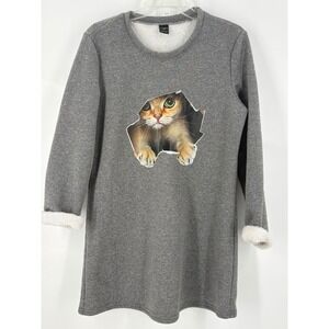 JustFashionNow Gray Cat Print Long Sleeve Sherpa Lined Sweatshirt Dress Size L